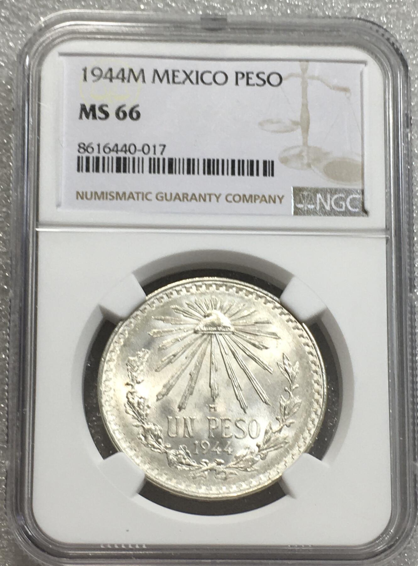 世界钱币专场拍卖 每周二开拍 NGCMS66墨西哥1944年鹰洋一比索银币 品相非常好 高分品
