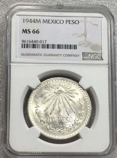 世界钱币专场拍卖 每周二开拍 - NGCMS66墨西哥1944年鹰洋一比索银币 品相非常好 高分品