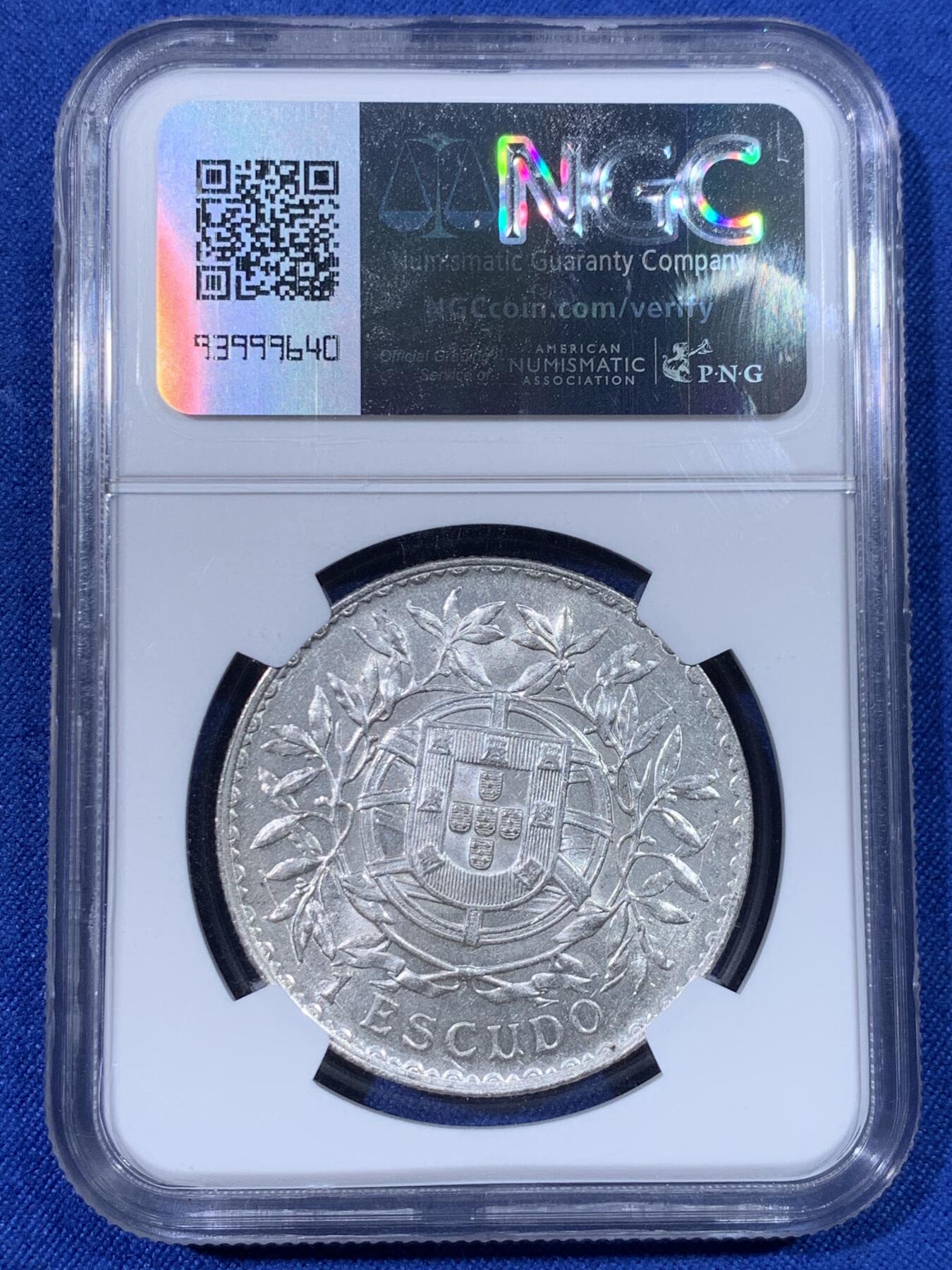 《竞宝斋》第438场 周日，周一，周二 3场连拍 （全场包邮） NGC MS61 葡萄牙1916年女神1埃斯库多银币，状态佳。