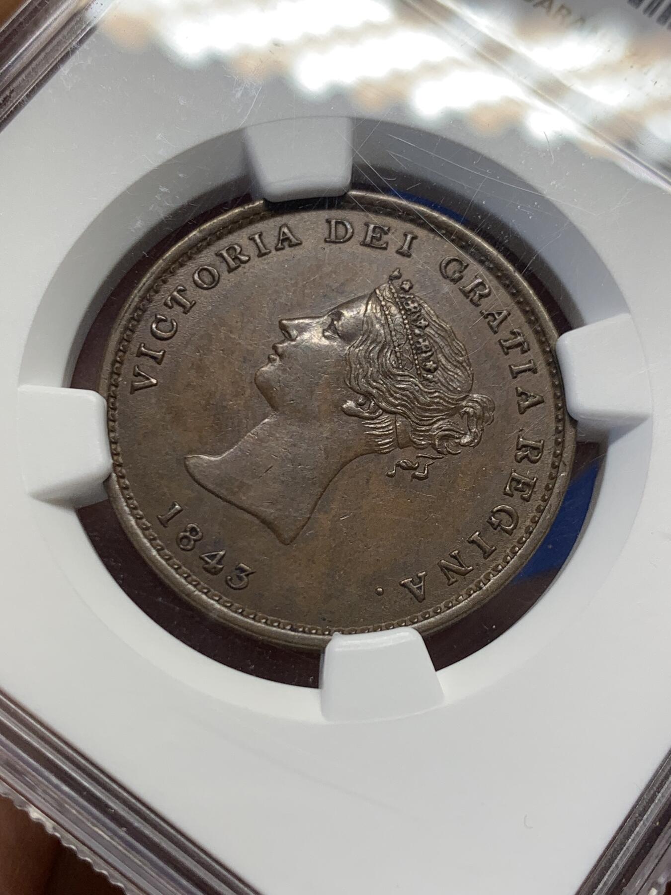 《竞宝斋》第438场 周日，周一，周二 3场连拍 （全场包邮） NGC AU58BN 加拿大1843年不伦瑞克半便士，细节不错，少见品种，目录价高，58已经难得