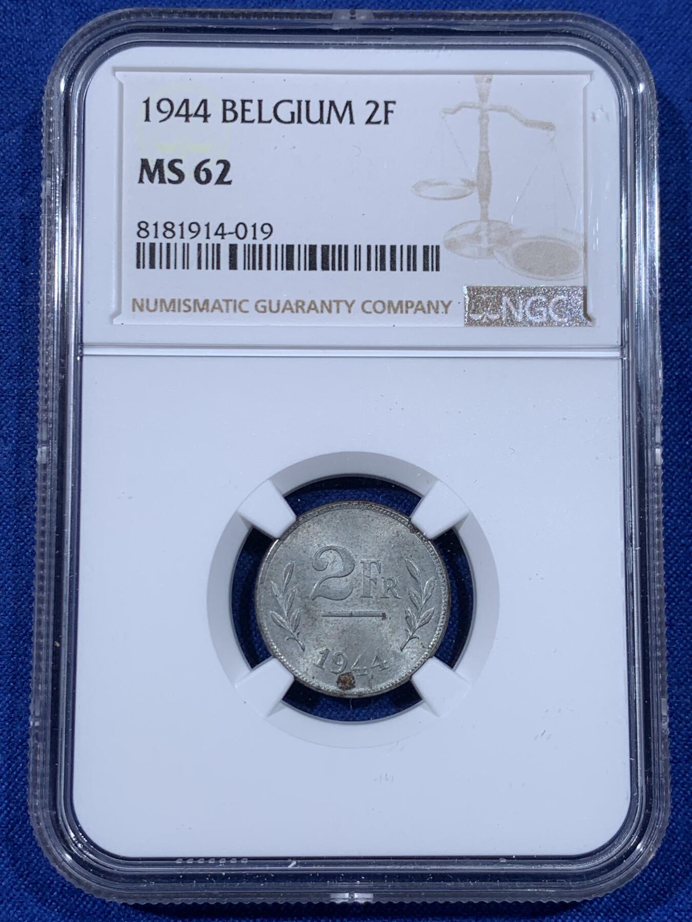 《竞宝斋》第438场 周日，周一，周二 3场连拍 （全场包邮） NGC MS62 比利时 1944年 2法郎 锌币 二战小面值易氧化金属 好品存世有限