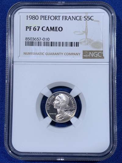 《竞宝斋》第438场 周日，周一，周二 3场连拍 （全场包邮） - NGC PF67 CAMEO 法国第五共和国 1980年 5分加厚精制银币 5克 950银 资料显示发行量仅820枚