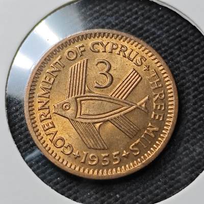 KK钱币收藏小铺  第372场  2月预留时间 周末发货 -  1955英属塞浦路斯3米尔铜币 好品