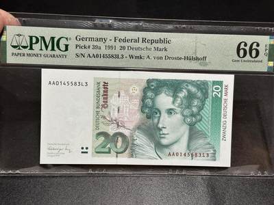《外钞收藏家》第五百八十五期（精品场）（本平台长期征集拍品、欢迎藏友们联系合作） - 德国1991年20马克AA首发字冠PMG66（女作家许尔斯霍夫）