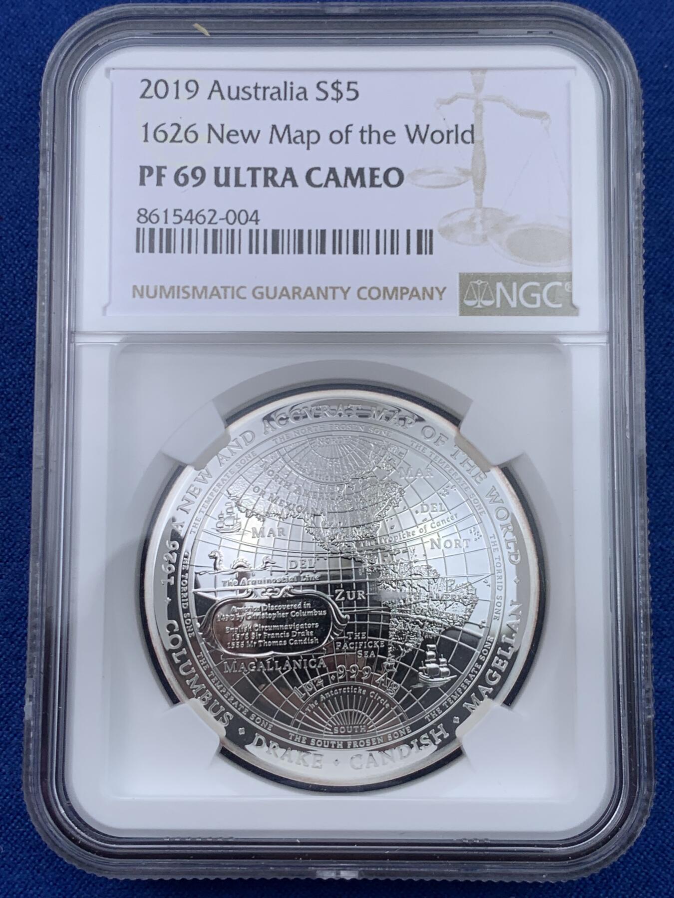 《竞宝斋》第438场 周日，周一，周二 3场连拍 （全场包邮） NGC PF69UC 澳大利亚2019年发行的1626新世界地图-西半球弧形5澳元纪念银币（重1盎司，币径39.62MM，发行量5000枚，盒证齐全）