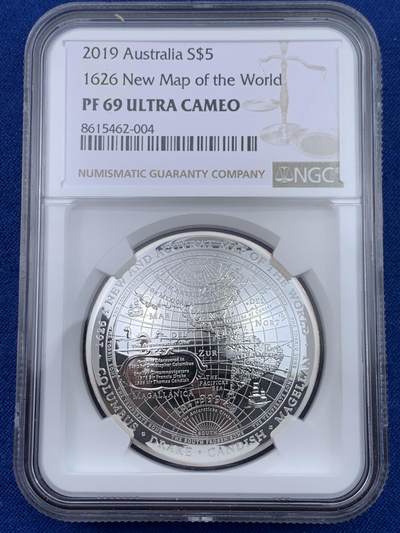 《竞宝斋》第438场 周日，周一，周二 3场连拍 （全场包邮） - NGC PF69UC 澳大利亚2019年发行的1626新世界地图-西半球弧形5澳元纪念银币（重1盎司，币径39.62MM，发行量5000枚，盒证齐全）