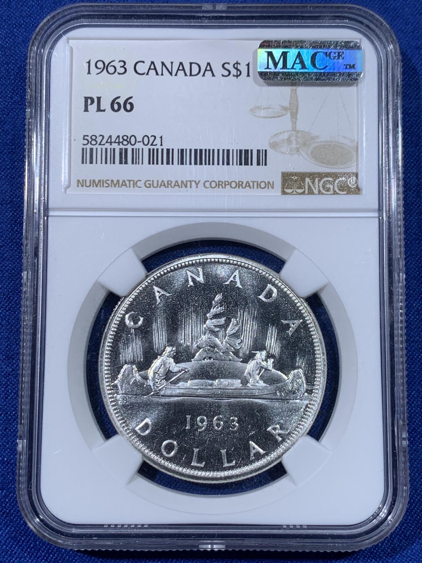 《竞宝斋》第438场 周日，周一，周二 3场连拍 （全场包邮） NGC PL66 加拿大1963年小伊1元划船大银币，飘带青年头像伊伊，年轻头像的关门年份，比中年版少见太多。品相极佳，PL状态超群