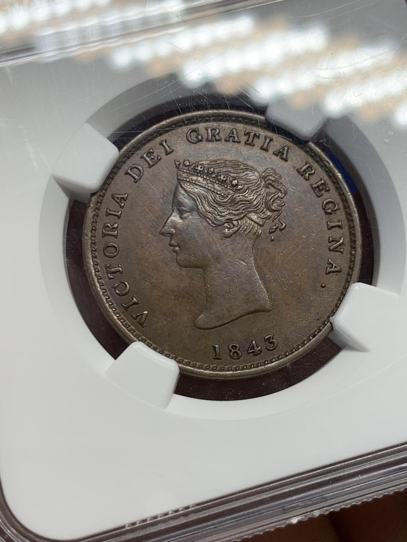 《竞宝斋》第438场 周日，周一，周二 3场连拍 （全场包邮） NGC AU58BN 加拿大1843年不伦瑞克半便士，细节不错，少见品种，目录价高，58已经难得