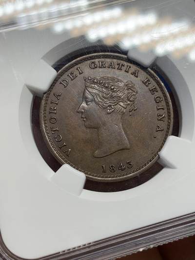 《竞宝斋》第438场 周日，周一，周二 3场连拍 （全场包邮） NGC AU58BN 加拿大1843年不伦瑞克半便士，细节不错，少见品种，目录价高，58已经难得