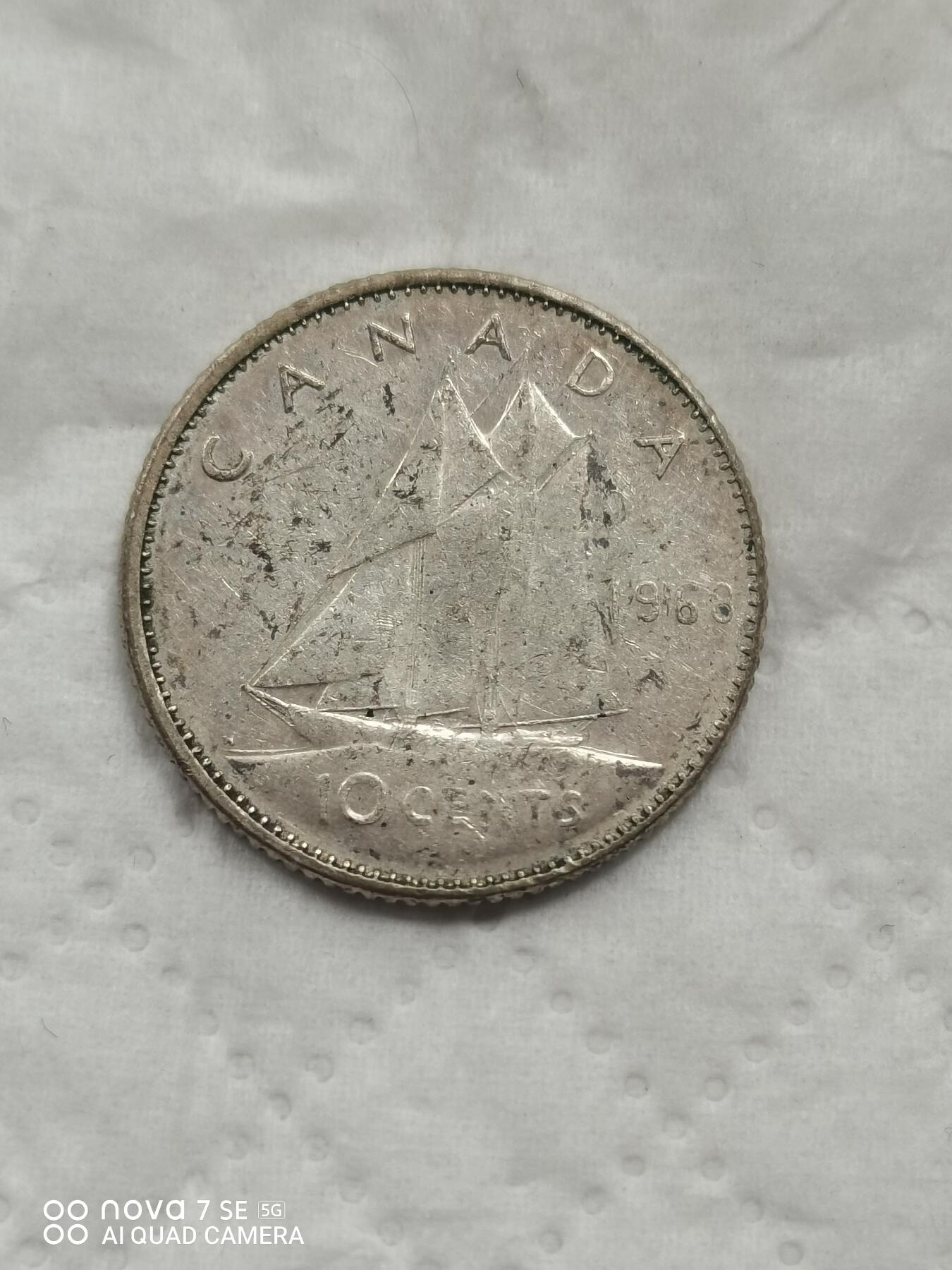 外国钱币 68年加拿大帆船10分银币