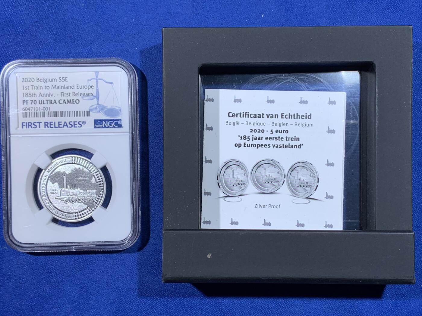 《竞宝斋》第438场 周日，周一，周二 3场连拍 （全场包邮） 首期 NGC PF70UC 比利时2020年欧洲大陆首列火车运行185周年5欧元精制银币（首次采用Multiview多维视图技术，在不同的角度，会看到三幅不同的画面效果。正面观看为火车本体，向右侧偏转会在空白处看到铁路运行图，向左侧偏转会看到三列始发火车名称及运行地点。）带盒证。
