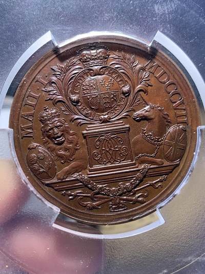 《竞宝斋》第438场 周日，周一，周二 3场连拍 （全场包邮） PCGS SP63 1707年苏格兰与英格兰联合铜章，John Croker雕刻，PCGS大盒封装。