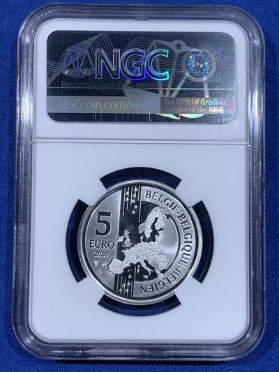 《竞宝斋》第438场 周日，周一，周二 3场连拍 （全场包邮） 首期 NGC PF70UC 比利时2020年欧洲大陆首列火车运行185周年5欧元精制银币（首次采用Multiview多维视图技术，在不同的角度，会看到三幅不同的画面效果。正面观看为火车本体，向右侧偏转会在空白处看到铁路运行图，向左侧偏转会看到三列始发火车名称及运行地点。）带盒证。