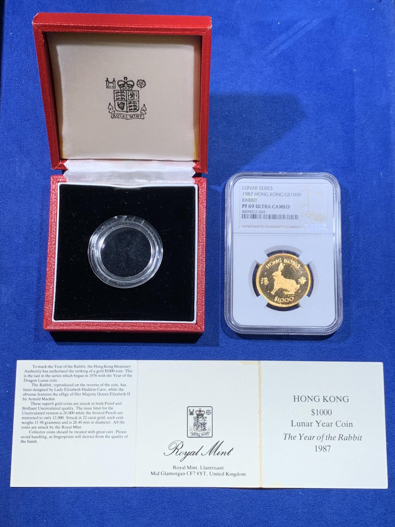 《竞宝斋》第438场 周日，周一，周二 3场连拍 （全场包邮） NGC PF69UC 1987香港兔年精制千元生肖金币 英国皇家造币厂原盒带证书 精美高浮雕 15.98克 917金 proof版发行较少 黄金继续强势保值抗险