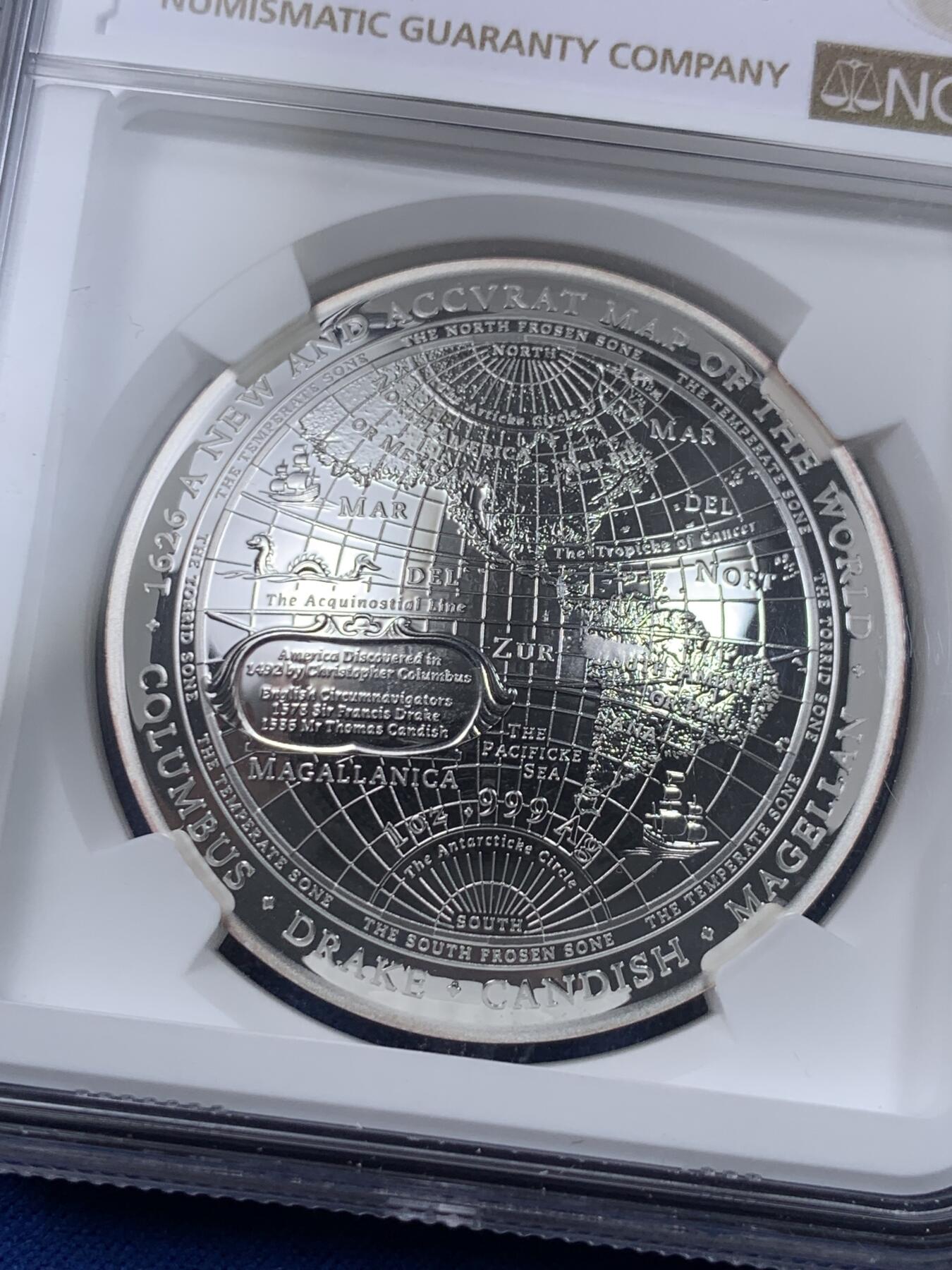 《竞宝斋》第438场 周日，周一，周二 3场连拍 （全场包邮） NGC PF69UC 澳大利亚2019年发行的1626新世界地图-西半球弧形5澳元纪念银币（重1盎司，币径39.62MM，发行量5000枚，盒证齐全）