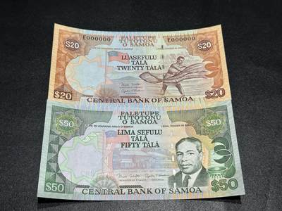 《外钞收藏家》第五百八十五期（精品场）（本平台长期征集拍品、欢迎藏友们联系合作） - 西萨摩亚老版本20/50塔拉样钞一对（绝品）	绝品