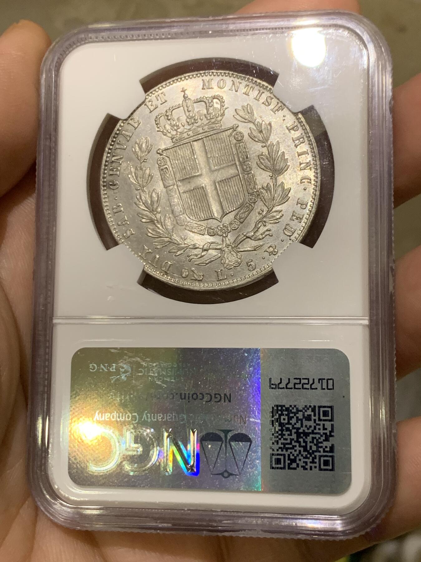 《竞宝斋》第438场 周日，周一，周二 3场连拍 （全场包邮） NGC MS61 意大利撒丁 1849年 卡洛·阿尔贝托 5里拉银币 稀有品种 意邦核心 FDC状态近两年参考落锤价格2500美元以上