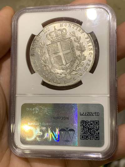 《竞宝斋》第438场 周日，周一，周二 3场连拍 （全场包邮） NGC MS61 意大利撒丁 1849年 卡洛·阿尔贝托 5里拉银币 稀有品种 意邦核心 FDC状态近两年参考落锤价格2500美元以上