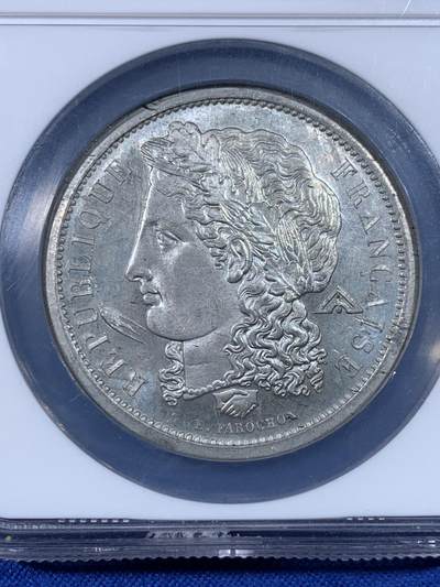 《竞宝斋》第438场 周日，周一，周二 3场连拍 （全场包邮） NGC MS65 冠军分 法兰西1848年谷物女神5法郎ESSAI样币，燕子厂标。刻画非常精美的大波浪女神，发丝头冠细节爆炸，顶级冠军分品质。同版别P盒63分今年7月麦稀奇3800元不含佣成交，分数状态均远不如此枚