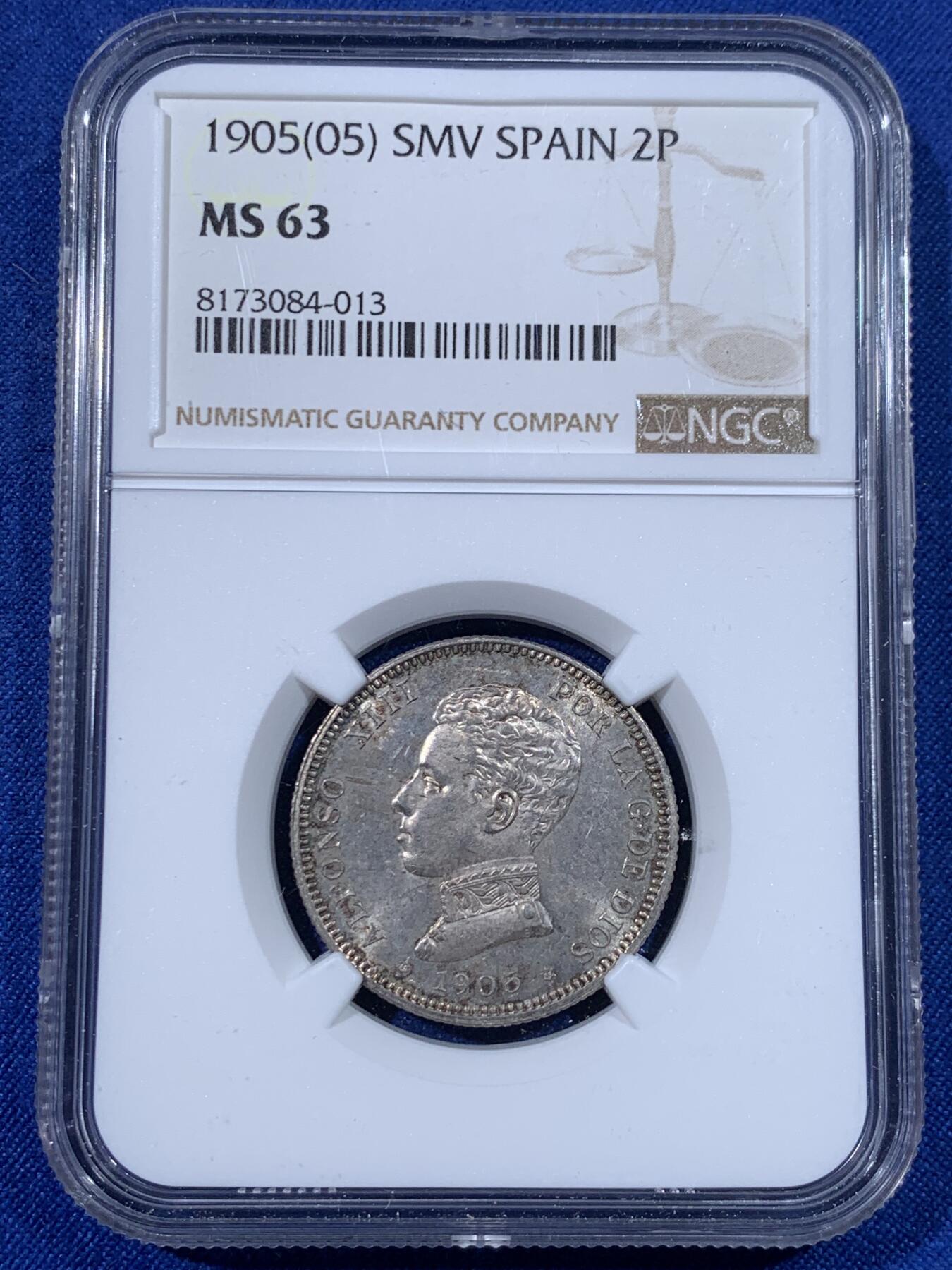 《竞宝斋》第438场 周日，周一，周二 3场连拍 （全场包邮） NGC MS63 西班牙 1905年 阿方索十三世 2比赛塔 银币 少见好品小面值