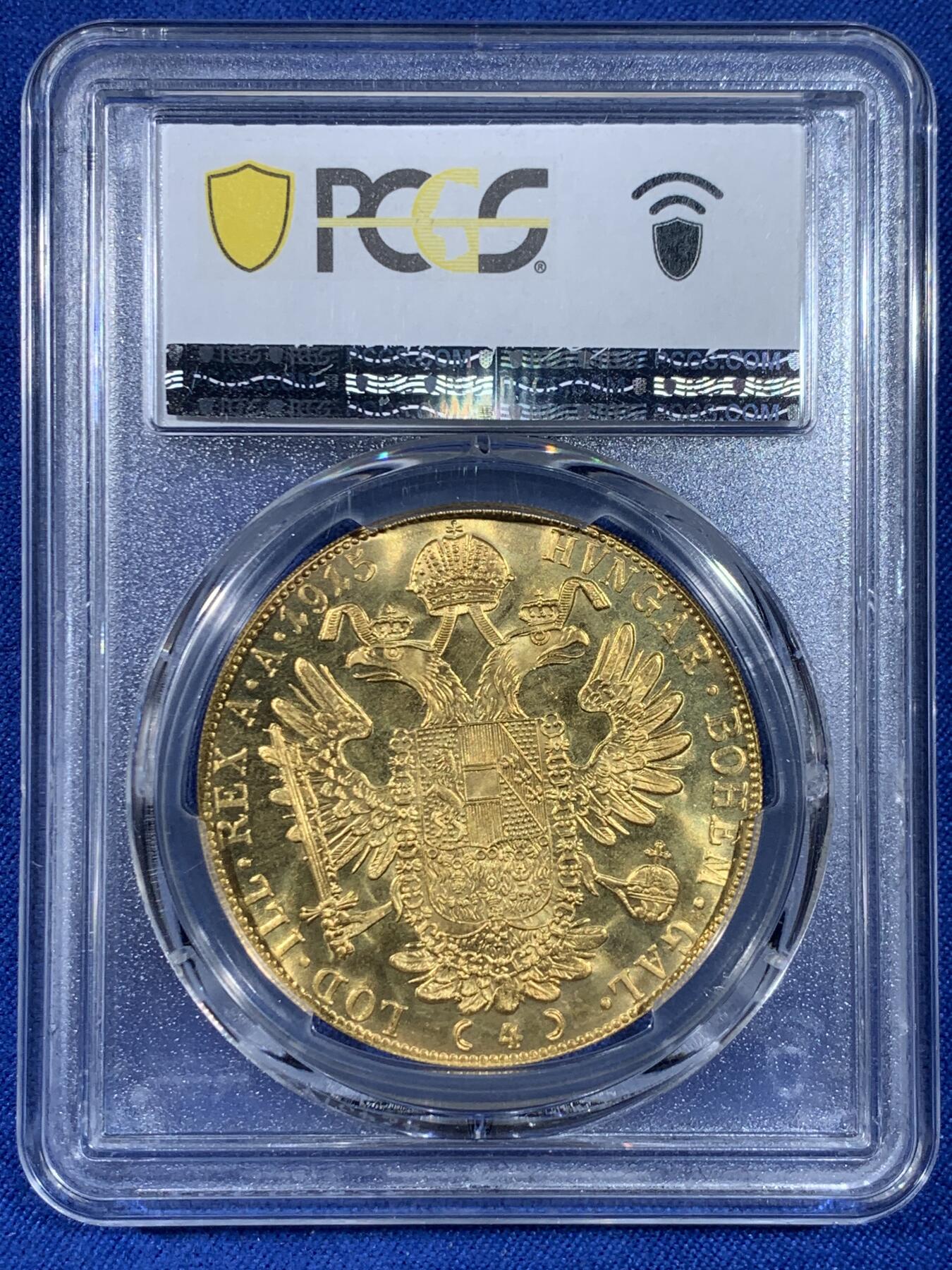《竞宝斋》第438场 周日，周一，周二 3场连拍 （全场包邮） PCGS MS67 奥地利1915年弗朗茨一世4杜卡特金币，后铸版，13.96克，986金，季军分。
