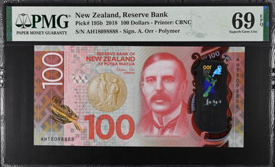 【礼羽收藏】🌏世界钱币拍卖第112期 - 【倒置号 8888超级靓号】 2018年 新西兰100元 PMG69唯一冠军分！一步到位藏品