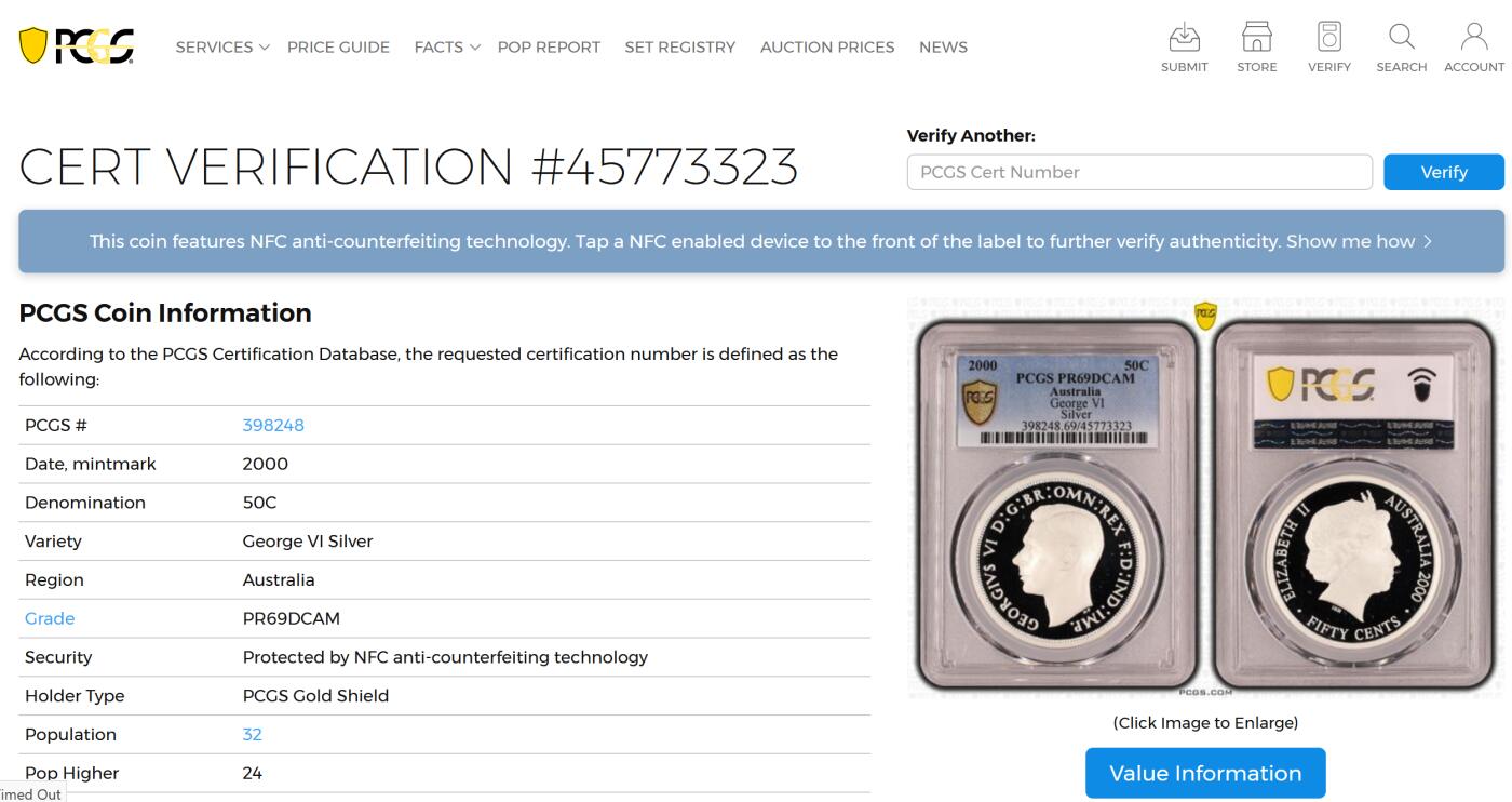 PThappally收藏第54次拍卖，英联邦地区硬币纸币 澳大利亚 2000 50分 36.31g 银币 PCGS PR69DCAM