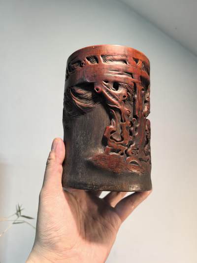 竹雕——《太白醉酒》笔筒 