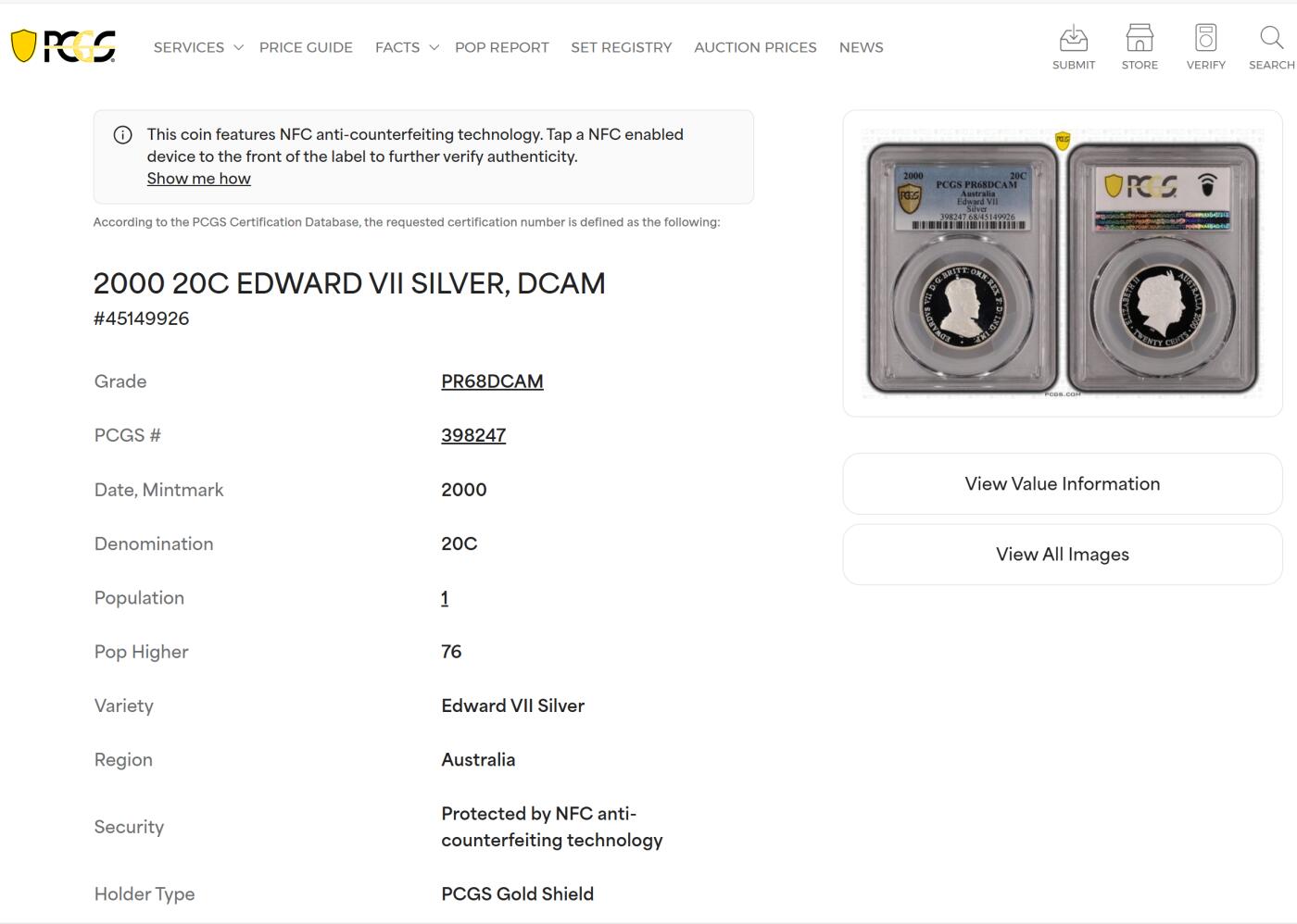 PThappally收藏第54次拍卖，英联邦地区硬币纸币 澳大利亚 2000 20分 13.36g 银币 PCGS PR68DCAM