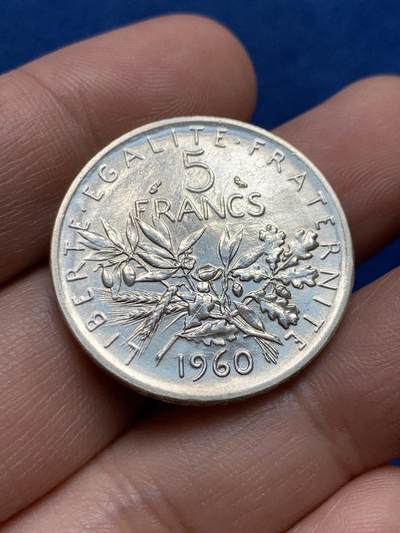 《竞宝斋》第438场 周日，周一，周二 3场连拍 （全场包邮） 法国 1960年 谷物女神 5法郎 银币