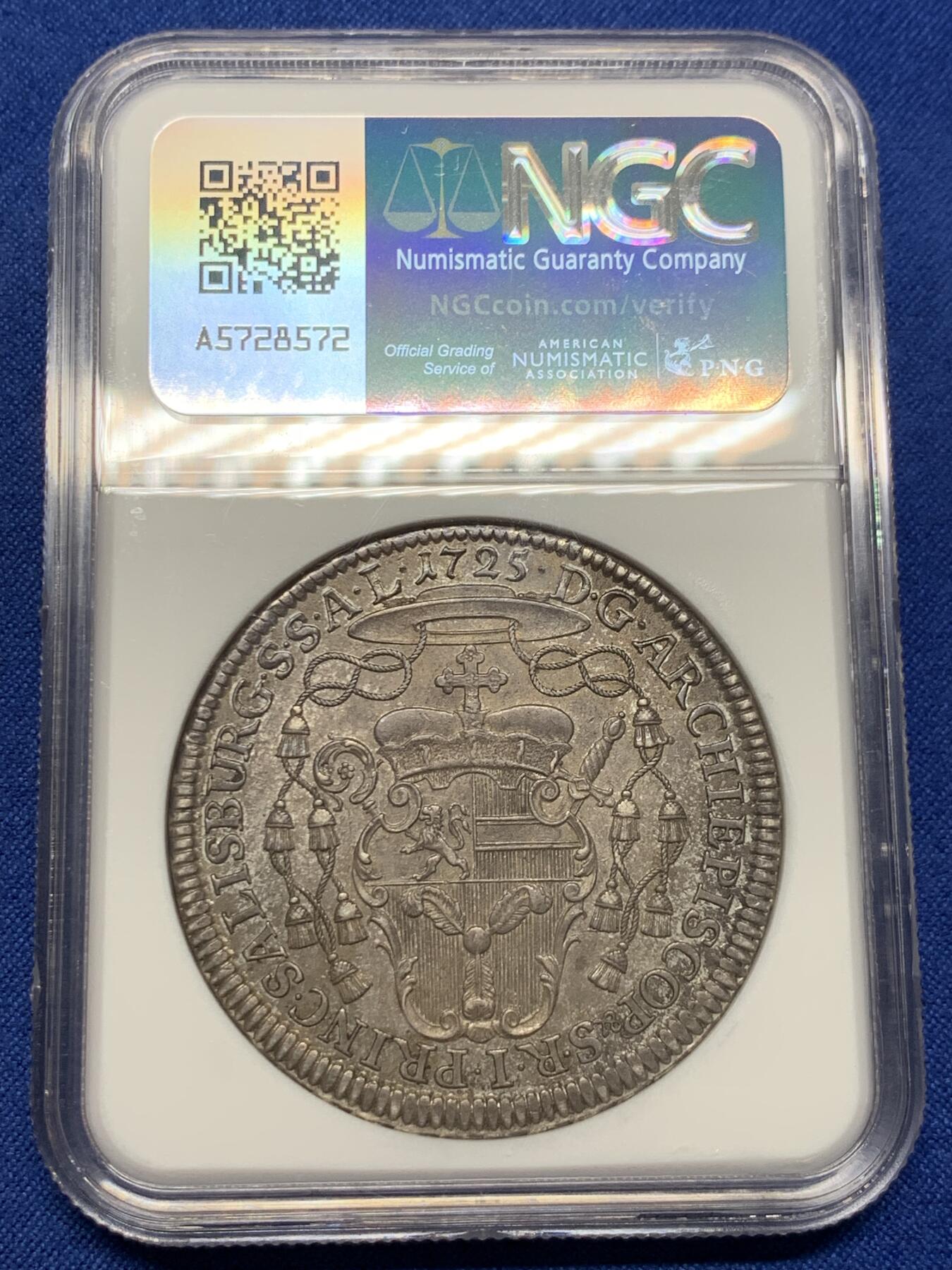 《竞宝斋》第438场 周日，周一，周二 3场连拍 （全场包邮） 唯一冠军分 NGC MS63 神圣罗马帝国 萨尔茨堡大主教区 1725年 安东尼亲王 泰勒大银币 及其难得的品种