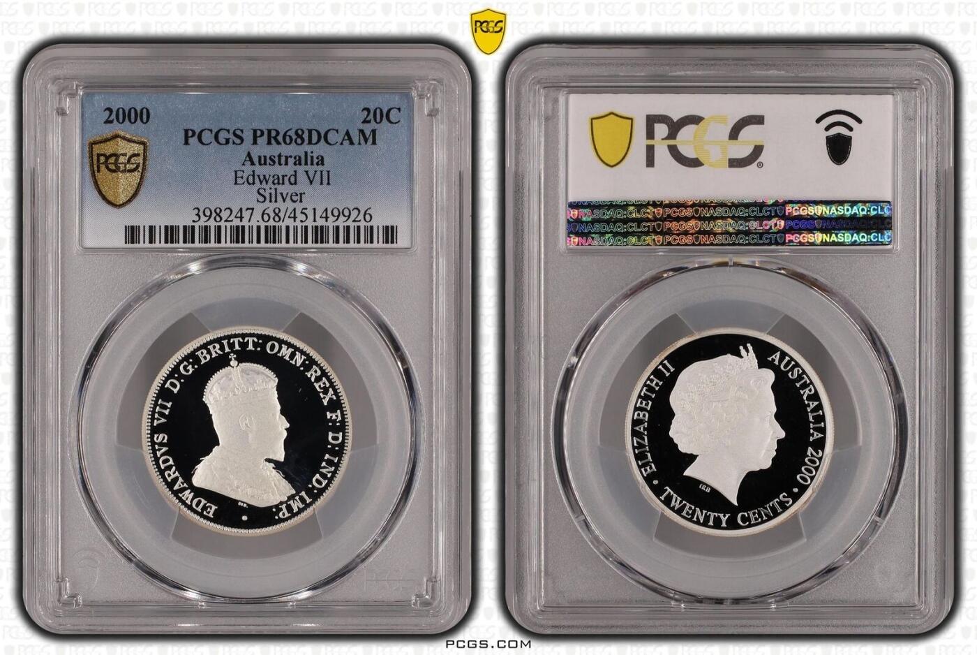 PThappally收藏第54次拍卖，英联邦地区硬币纸币 澳大利亚 2000 20分 13.36g 银币 PCGS PR68DCAM