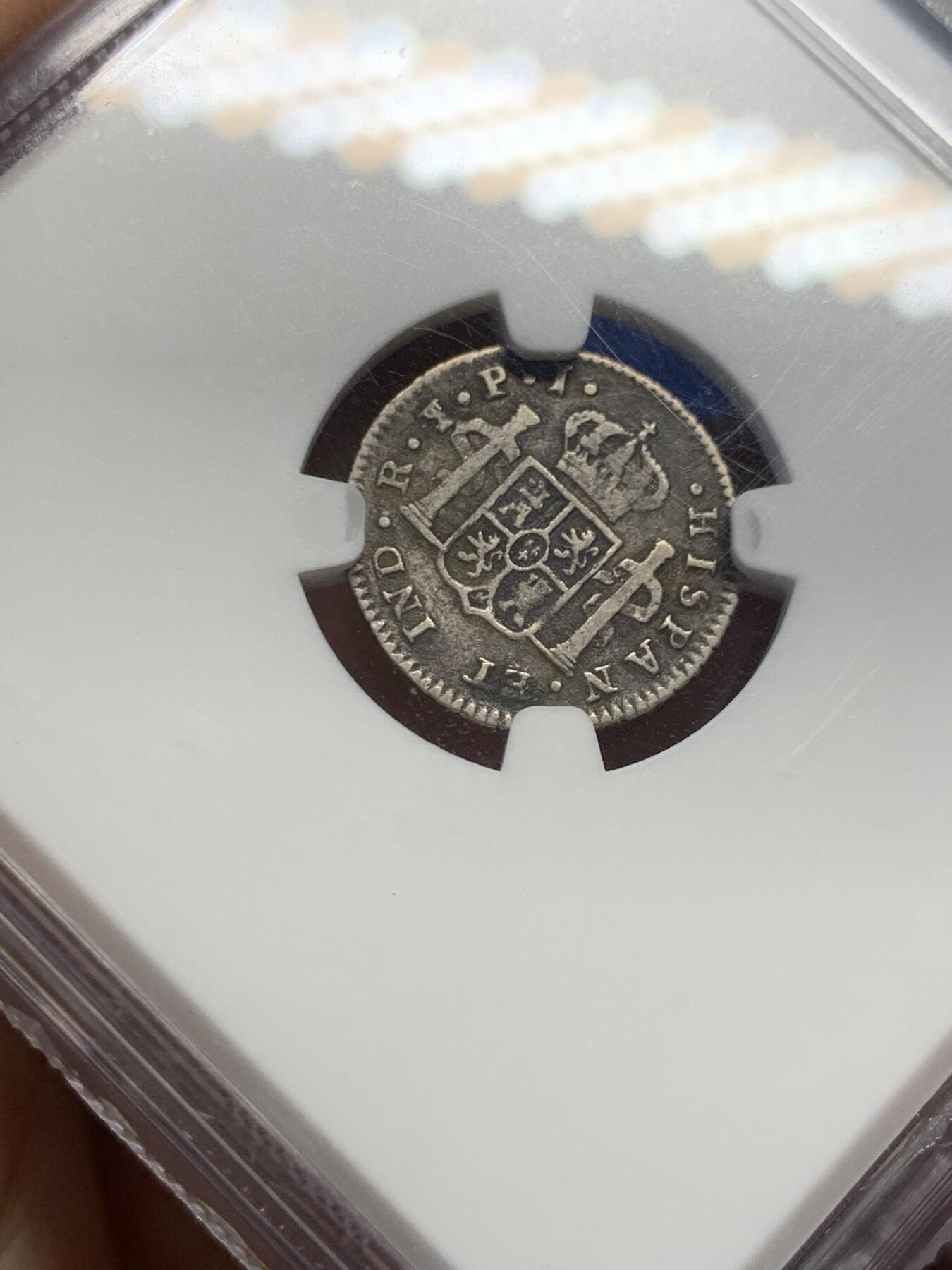 《竞宝斋》第438场 周日，周一，周二 3场连拍 （全场包邮） NGC VF30 玻利维亚 1818PTS PJ 斐迪南七世1/2R银币，不多见的品种，年份不错