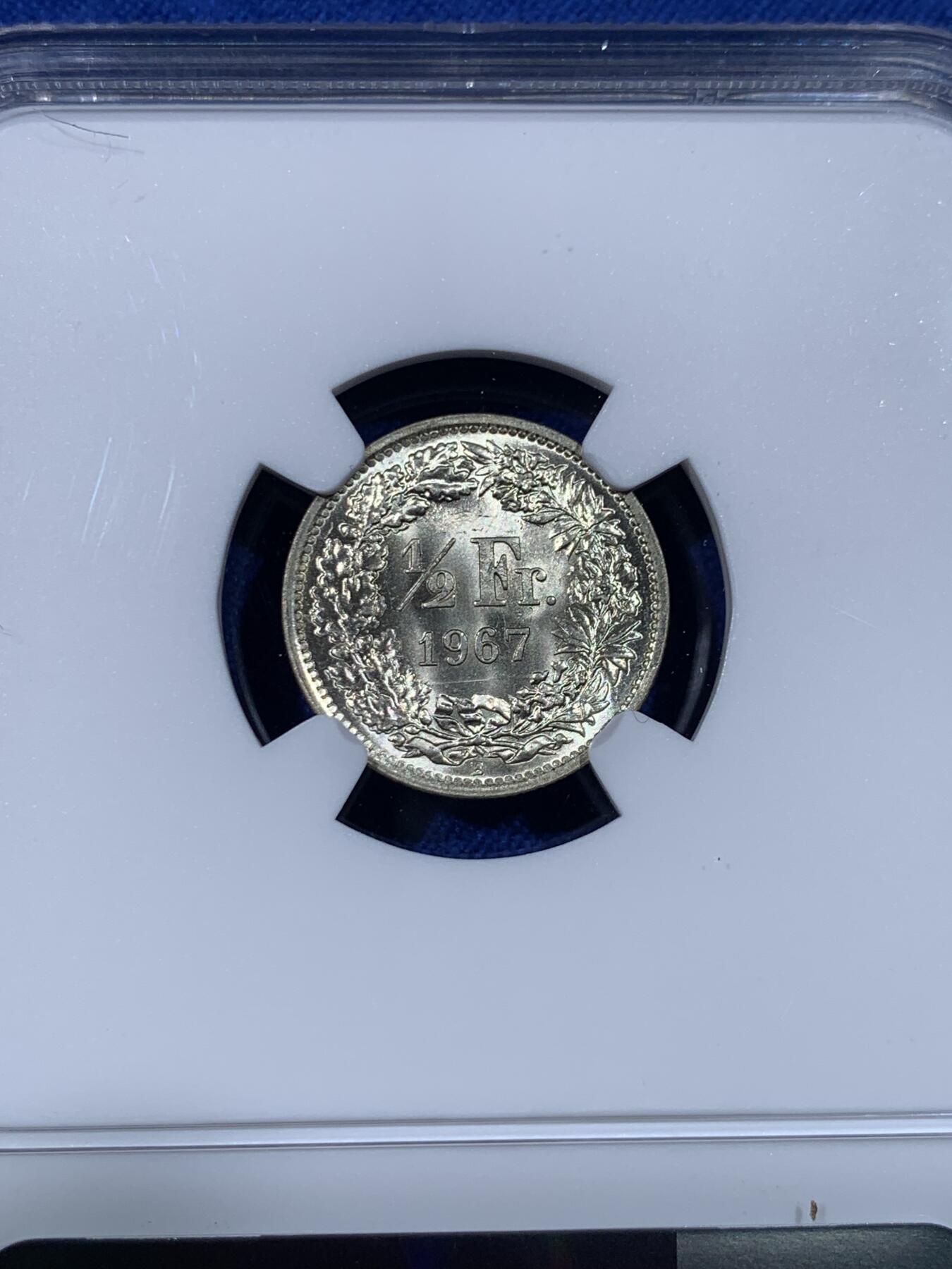 《竞宝斋》第438场 周日，周一，周二 3场连拍 （全场包邮） NGC MS64 瑞士1967B雪山女神1/2法郎银币