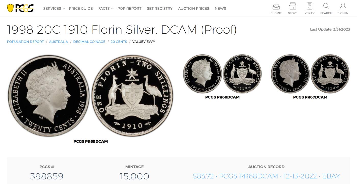 PThappally收藏第54次拍卖，英联邦地区硬币纸币 澳大利亚 1998 20分 13.36 g 银币 PCGS PR69DCAM