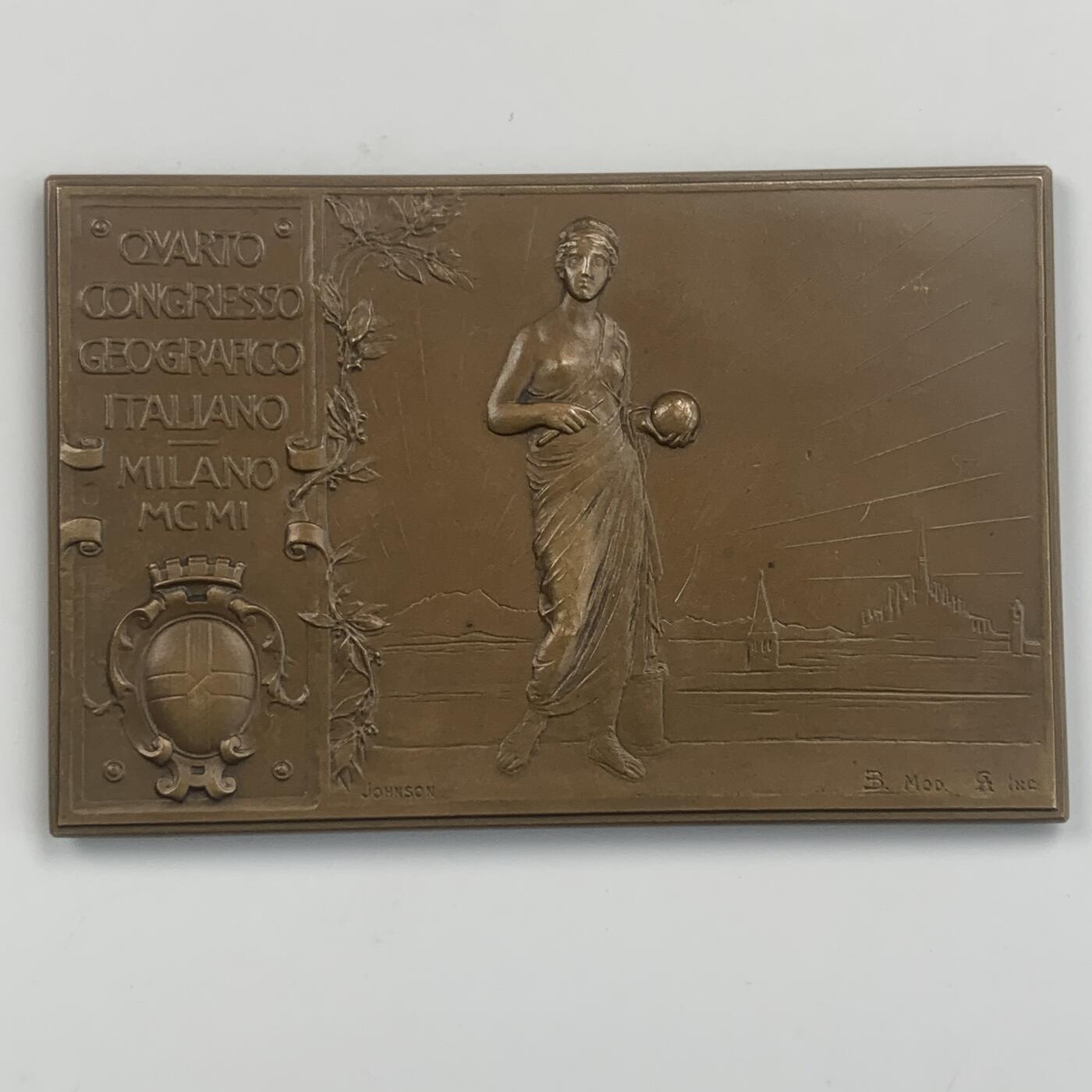 掌中浮雕-藏着的欧洲第042场 1901年第四届国际地理大会在米兰举行铜章 ，74 x 48mm，Johnson公司出品，正面刻画马可波罗觐见忽必烈的场景