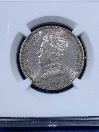 《竞宝斋》第438场 周日，周一，周二 3场连拍 （全场包邮） NGC MS63 西班牙 1905年 阿方索十三世 2比赛塔 银币 少见好品小面值