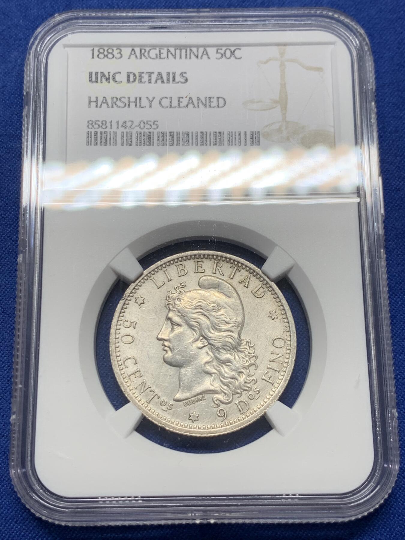 《竞宝斋》第438场 周日，周一，周二 3场连拍 （全场包邮） NGC UNCD 阿根廷1883年女神50分半圆银币