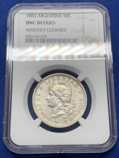 《竞宝斋》第438场 周日，周一，周二 3场连拍 （全场包邮） - NGC UNCD 阿根廷1883年女神50分半圆银币
