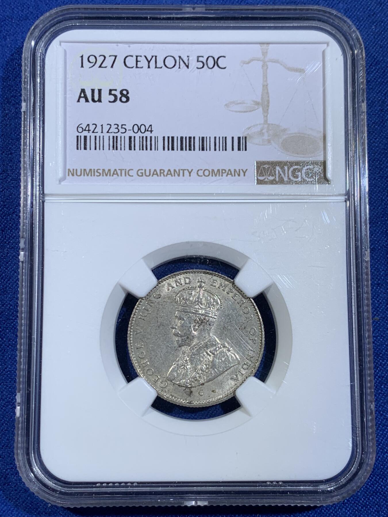 《竞宝斋》第439场 周日，周一，周二 3场连拍 （全场包邮） NGC AU58 锡兰1927年乔治五世50美分银币