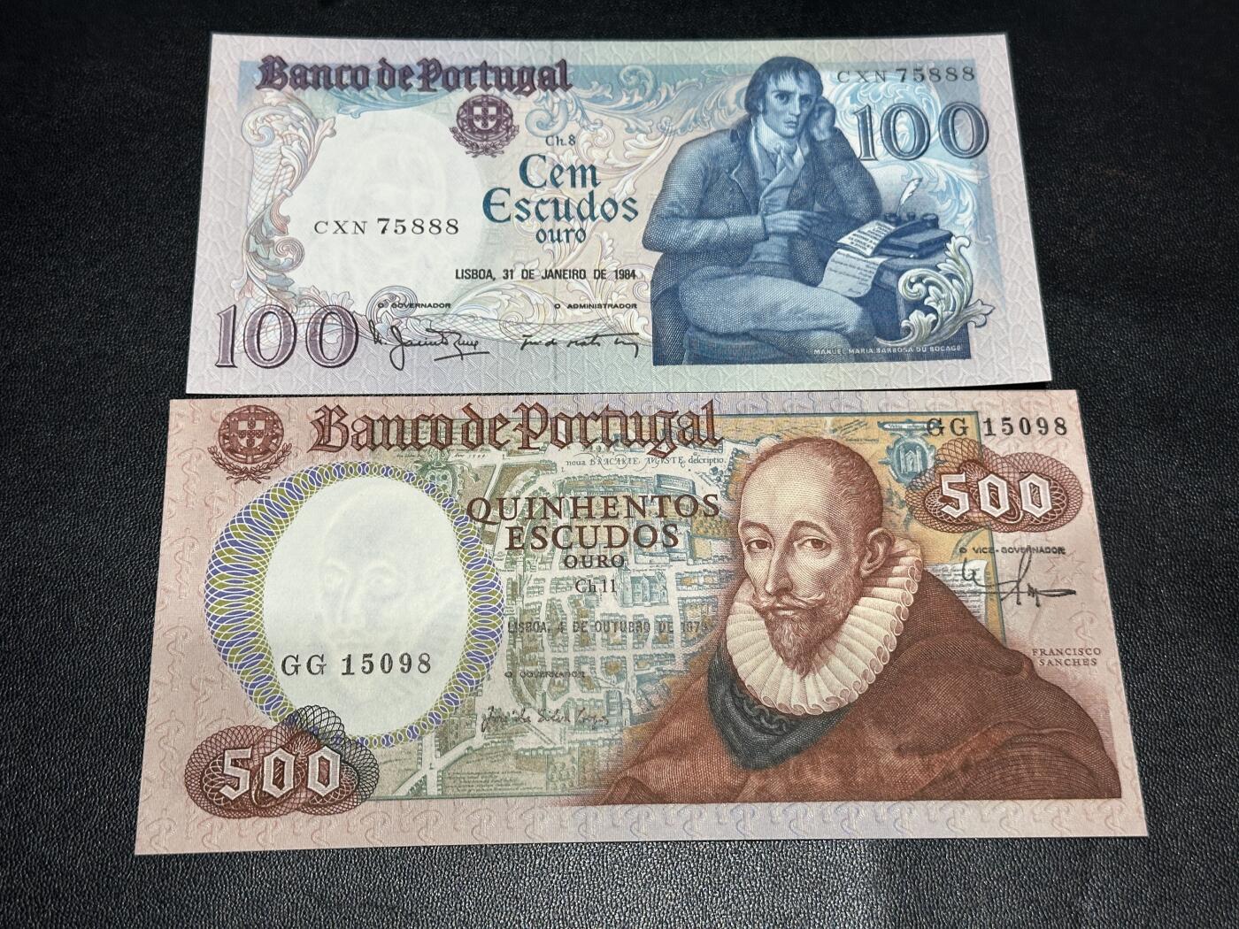 《外钞收藏家》第五百八十六期（品种丰富、精品多）（本平台长期征集拍品、欢迎藏友们联系合作） 葡萄牙100（豹子号888）、500（无47尾8）、5000三张一起 全新UNC