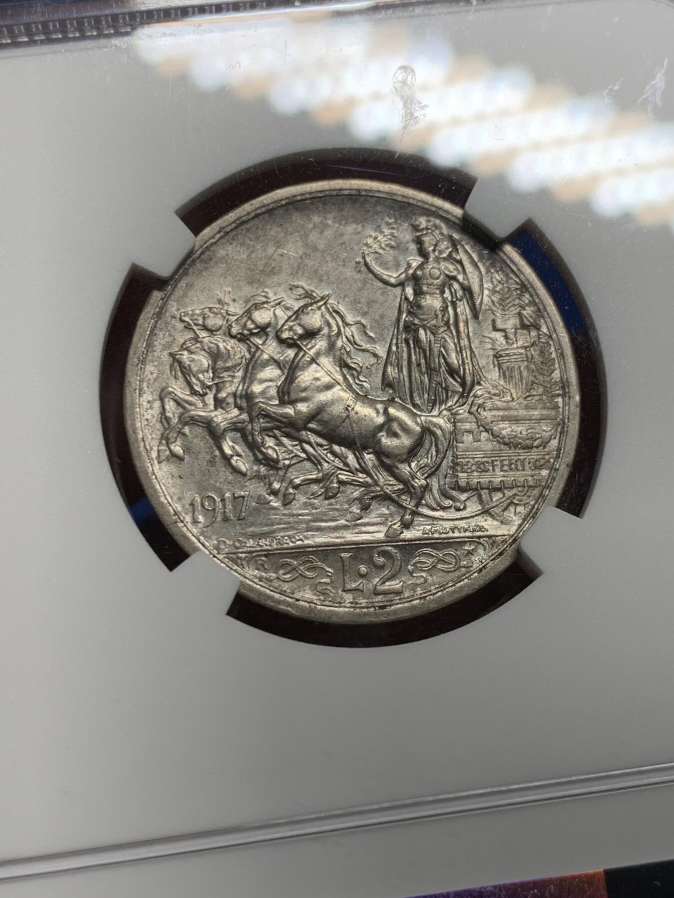 《竞宝斋》第439场 周日，周一，周二 3场连拍 （全场包邮） NGC AU58 意大利 1917年 2里拉 马车 银币 最稀少年份 总量仅为其他年份约1/4 系列难点