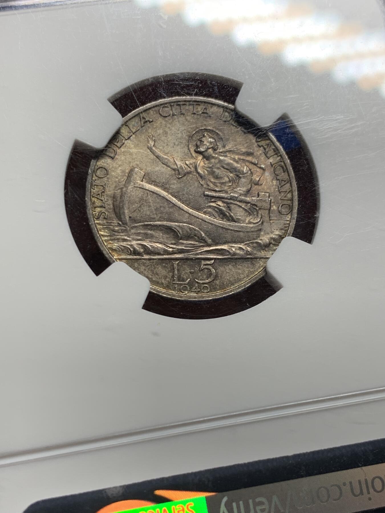 《竞宝斋》第439场 周日，周一，周二 3场连拍 （全场包邮） NGC MS63 教皇国梵蒂冈1940庇护十二世5里拉银币