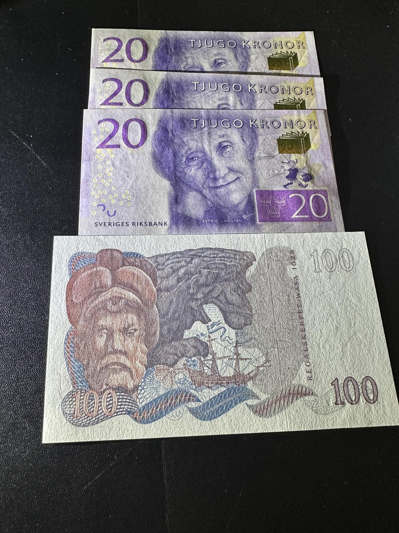 《外钞收藏家》第五百八十六期（品种丰富、精品多）（本平台长期征集拍品、欢迎藏友们联系合作） 瑞典最新版20克朗3张 靓号+1985年100克朗 全新UNC