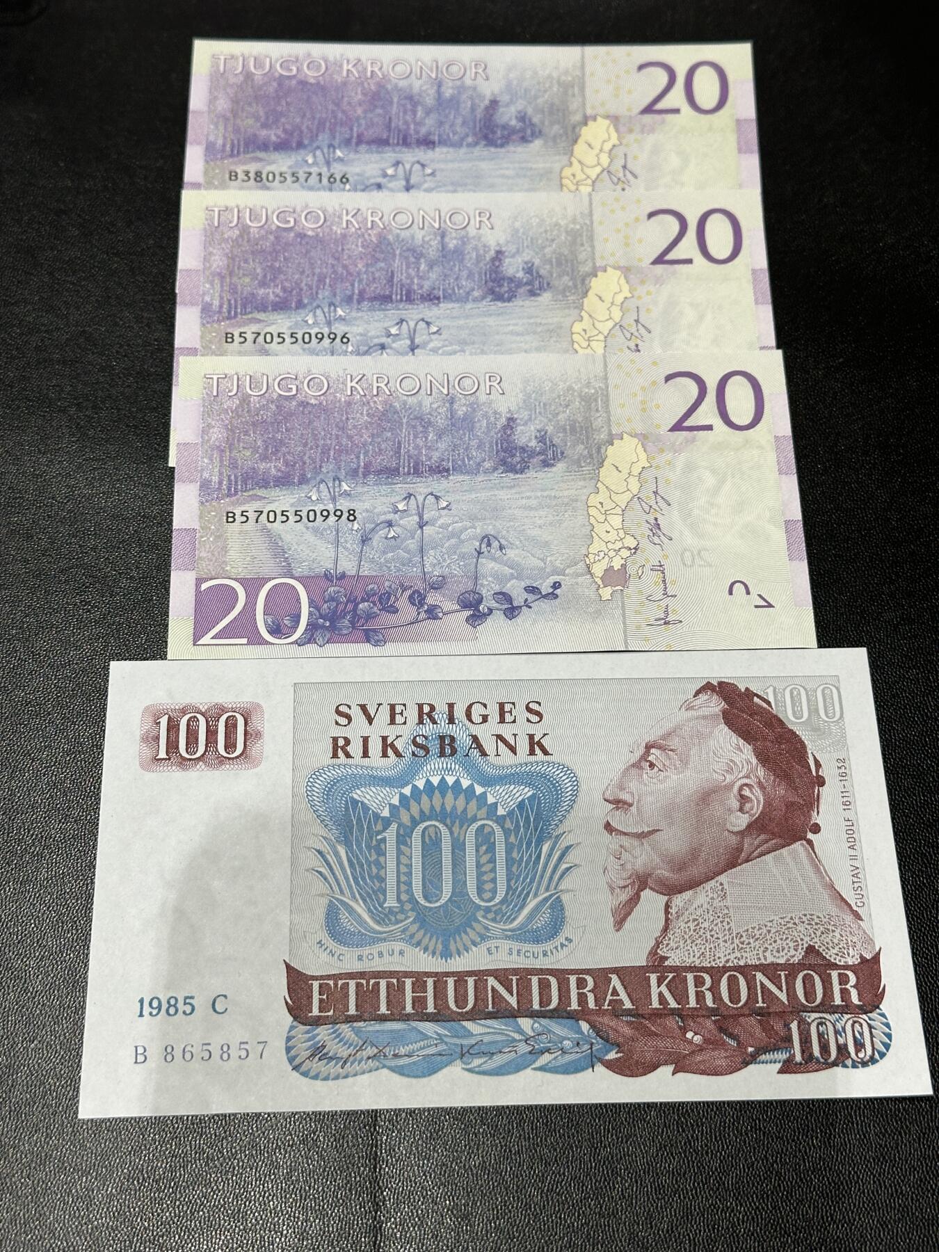 《外钞收藏家》第五百八十六期（品种丰富、精品多）（本平台长期征集拍品、欢迎藏友们联系合作） 瑞典最新版20克朗3张 靓号+1985年100克朗 全新UNC