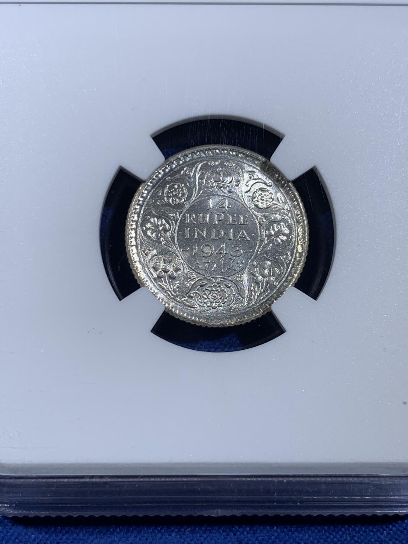 《竞宝斋》第439场 周日，周一，周二 3场连拍 （全场包邮） NGC MS64 英属印度1943年乔治六世1/4卢比银币 卷拆原光