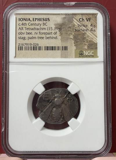 梧彩钱庄捡漏拍11月 - 古希腊以弗所蜜蜂和鹿四德银币