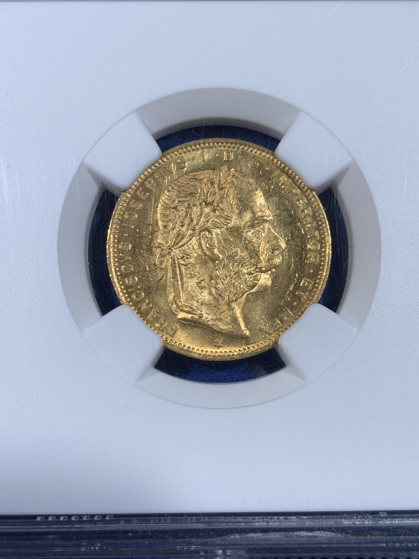 《竞宝斋》第439场 周日，周一，周二 3场连拍 （全场包邮） NGC MS62 奥地利1892年弗朗西斯·约瑟夫一世8弗罗林/20法郎金币 6.45克 900金 RESTRIKE