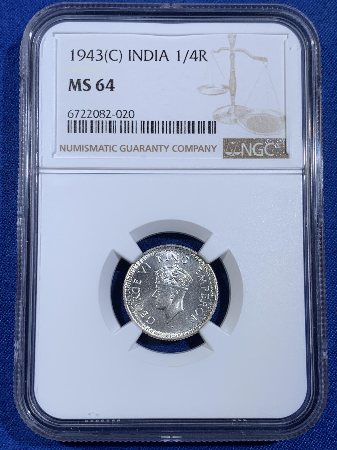 《竞宝斋》第439场 周日，周一，周二 3场连拍 （全场包邮） NGC MS64 英属印度1943年乔治六世1/4卢比银币 卷拆原光