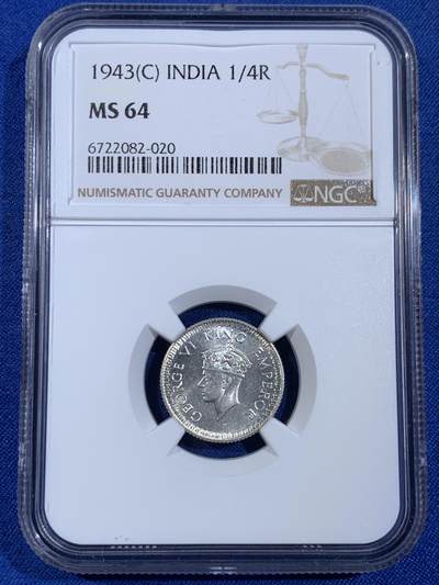 《竞宝斋》第439场 周日，周一，周二 3场连拍 （全场包邮） - NGC MS64 英属印度1943年乔治六世1/4卢比银币 卷拆原光